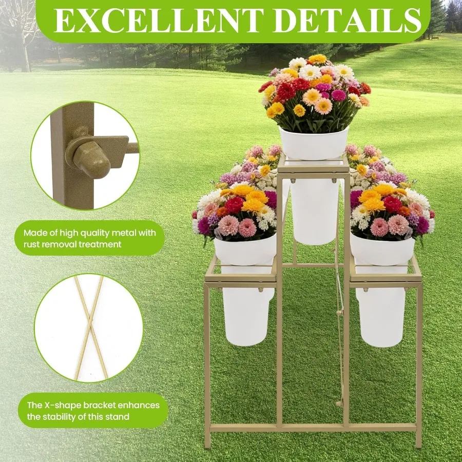 حامل عرض الزهور مع 12 دلو وعجلات لمتجر الزهور بتصميم على الوجهين بإطار ذهبي ودلاء مستديرة بيضاء مثالية