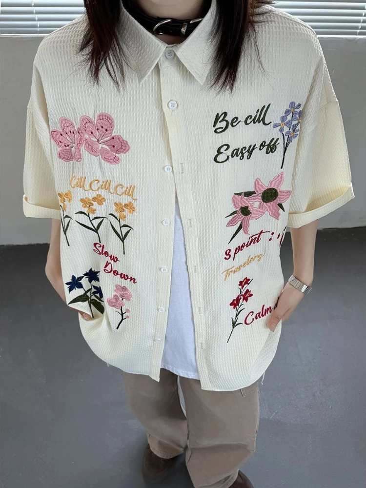 

ADAgirl Harajuku Embroidery Floral Blouse Female Short Sleeve Oversize Summer Shirts for Women American Retro Button Up Cardigan