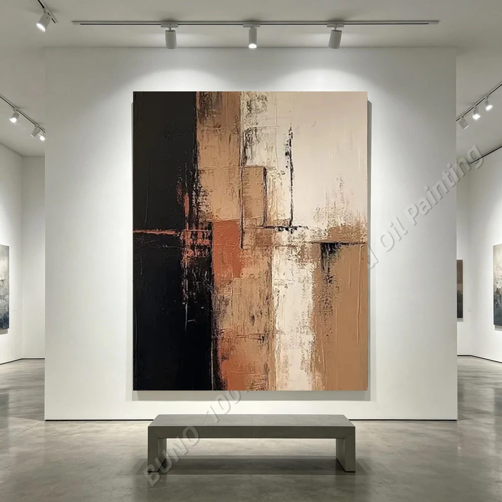 Hand Painted Abstract Oil Painting Original Geometric Minimalist Neutral Textured Canvas Wall Art Home Living Room Bedroom Decor