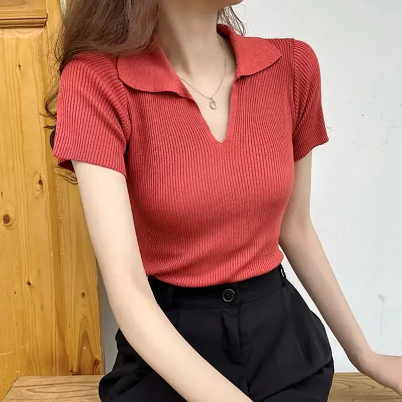 Women's Polo Shirts Knitted Plain Slim Female Tee Synthetic Basic with T-shirts Collar Polyester Y2k Fashion New on Offer Luxury