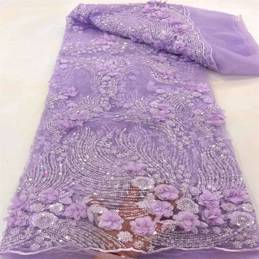 Tecido de renda feminina com miçangas e lantejoulas, flor 3D nigeriana e suíça, alta qualidade, vestidos africanos, festa de Natal, costura, 2022