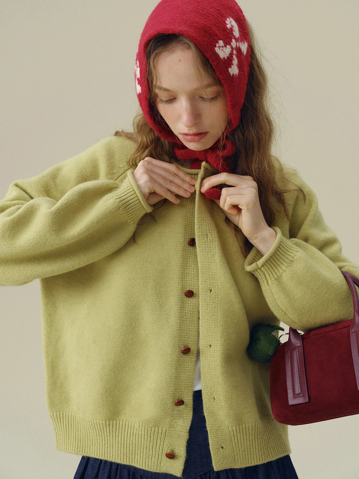 

Elegant Avocado Green Knitted Sweater Women's Autumn Winter Vintage Cuffed Open Cardigan Thickened Long Sleeve Top