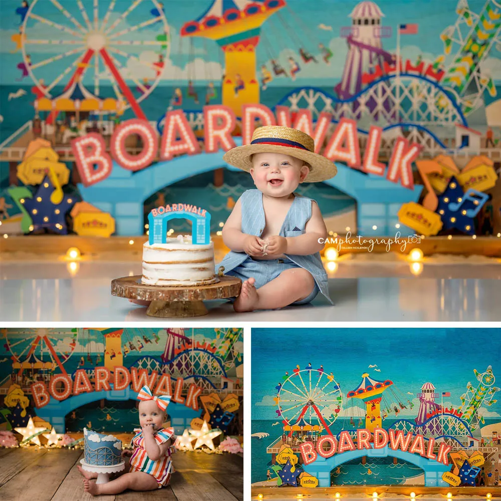 Fondo de fotografía para fiesta de vacaciones, decoración de parque de atracciones, Noria, accesorios, pastel de cumpleaños para niños, foto de fondo