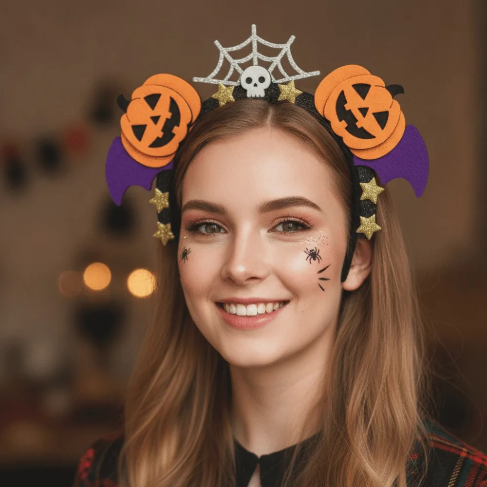 1Pc Glitter Bow Pumpkin Ears Halloween Headband, 2026 New Felt Orange Hair Hoop, Witch Bat Wings for Women Festival Props