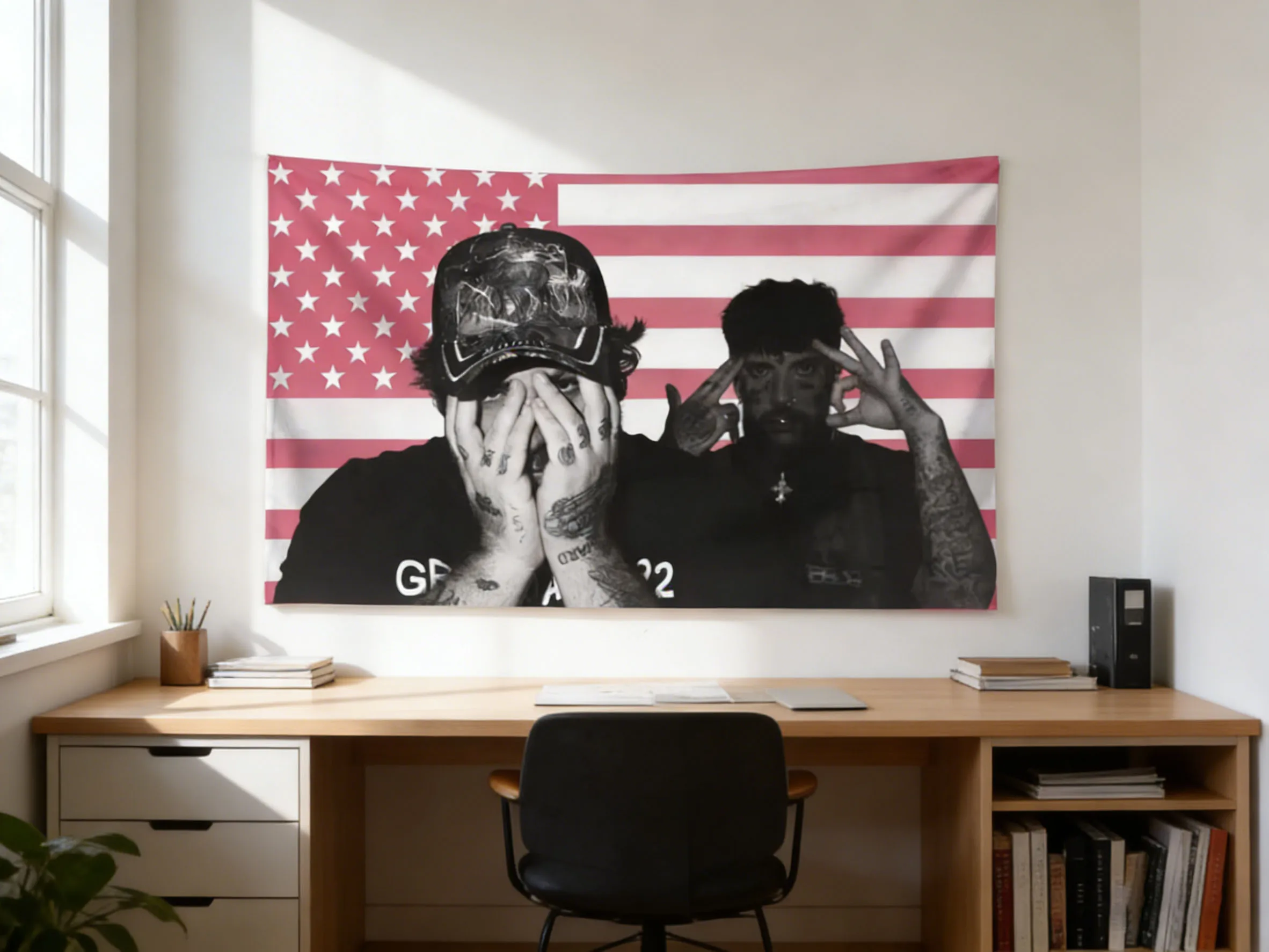 VIKAMA Suicide Boy Hip-Hop-Wandteppich, rosa Wandteppich mit amerikanischer Flagge, geeignet für Schlafzimmer, Wohnheim, ästhetische Wanddekoration für Teenager