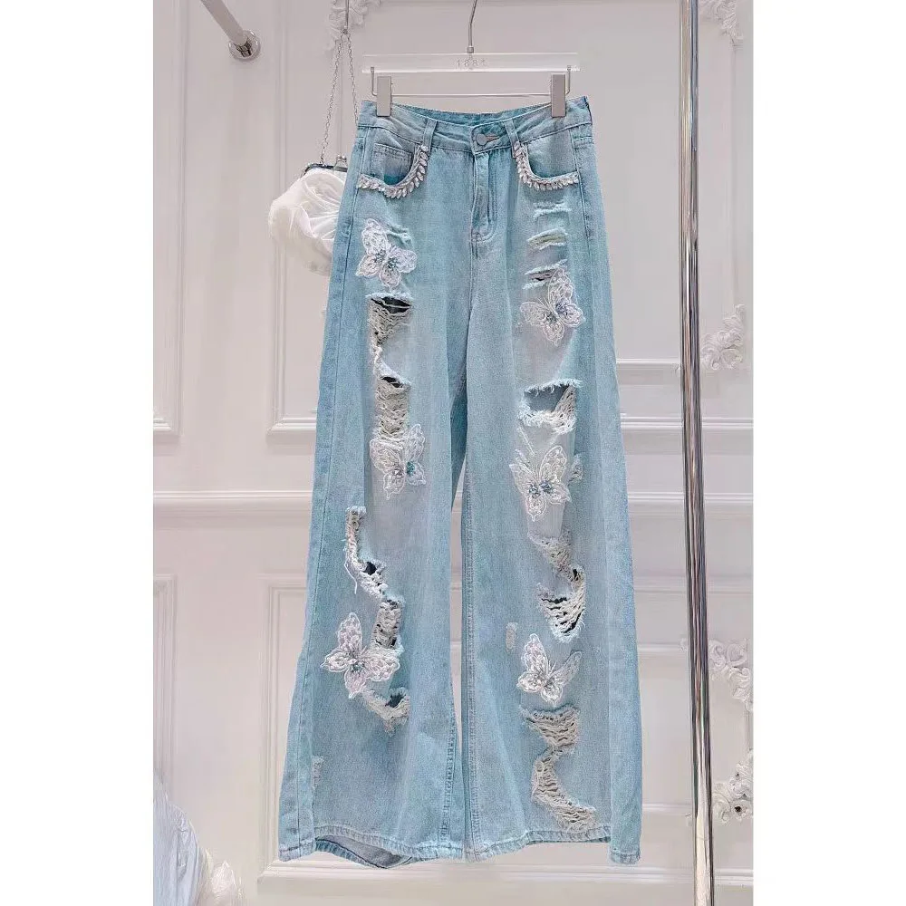 素敵なジーンズ女性の 2025 夏の新甘いハイストリートロングデニムパンツダイヤモンドラインストーン弓穴デザインストレートデニムパンツ