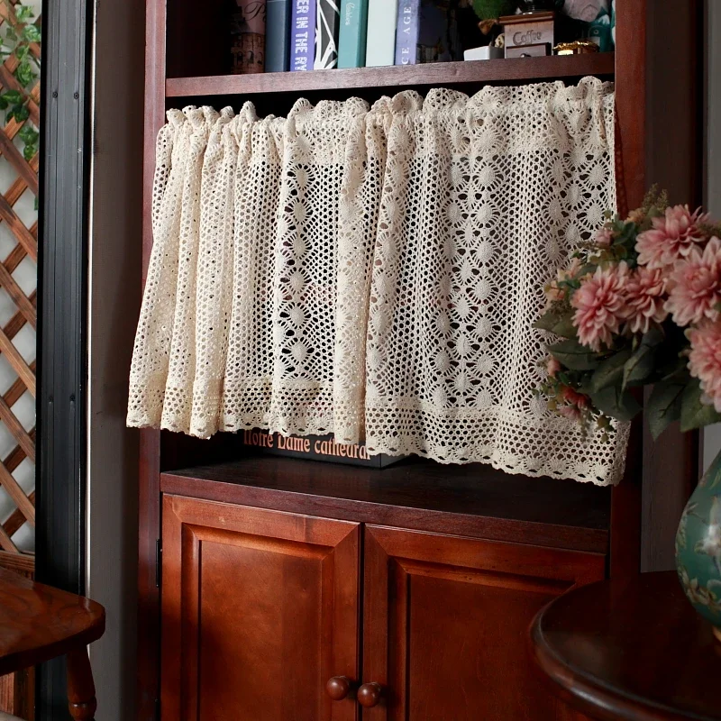 1PCS Knitted Lace Tiers Short Curtains for Kitchen Cabinet Toilet Crocheted Beige Hollow Hole Lace Floral Door Cafe Decroation