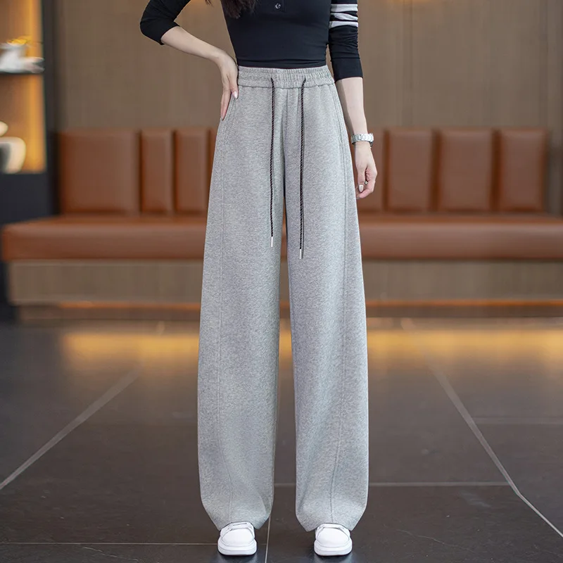 Pantaloni sportivi con coulisse in vita elastica versatile moda a vita alta Pantaloni casual Donna Autunno Nuovi pantaloni a gamba larga in tinta unita