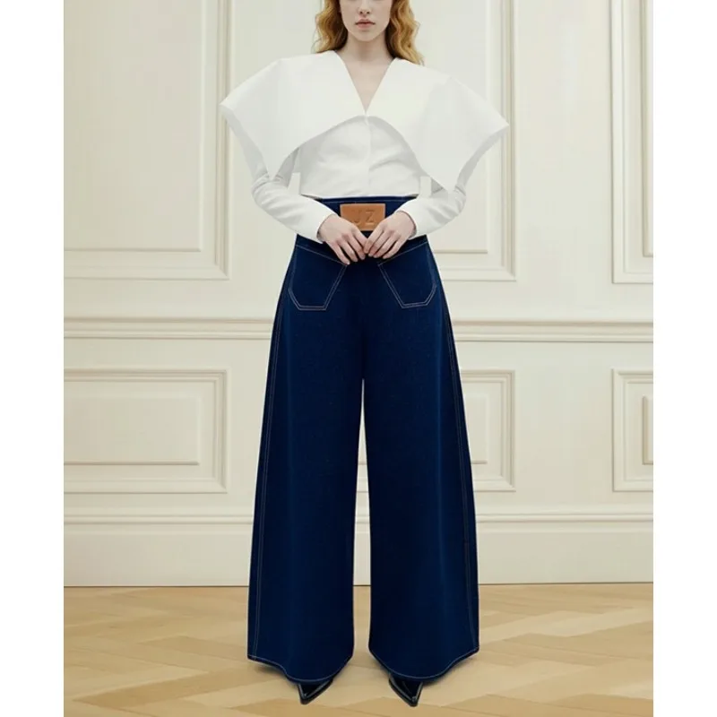 Tinaa Vintage Niebieskie Damskie Jeansy 2026 Stylowe Spodnie Biurowe z Naszytymi Skórzanymi Wstawkami, Skośne Kieszenie, Zamek z Tyłu w Talii, Luźne Spodnie Denimowe 193619