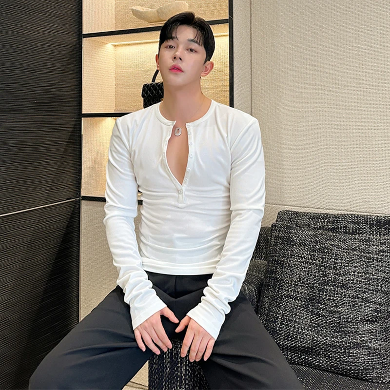 LUZHEN Deep V-bottom Shirt Slim Plain Classy Classy Handsome Versatile Men Korean High Quality Clothing Long Sleeved Top LZ7566