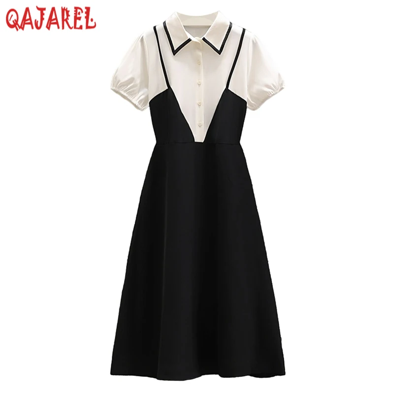 2024 Black Patchowrk Fake Two Piece Midi Dress Summer Elegant Polo Collar Office Lady Dress Women Korean Vintage Hepburn Dresses