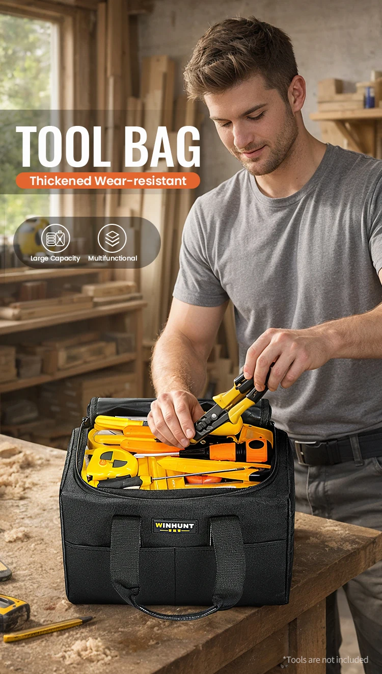 12-Zoll-Werkzeugtasche aus strapazierfähigem Oxford-Gewebe mit mehreren Taschen für Heimreparaturen, Heimwerker, Elektriker, Baustellen – Detail 2