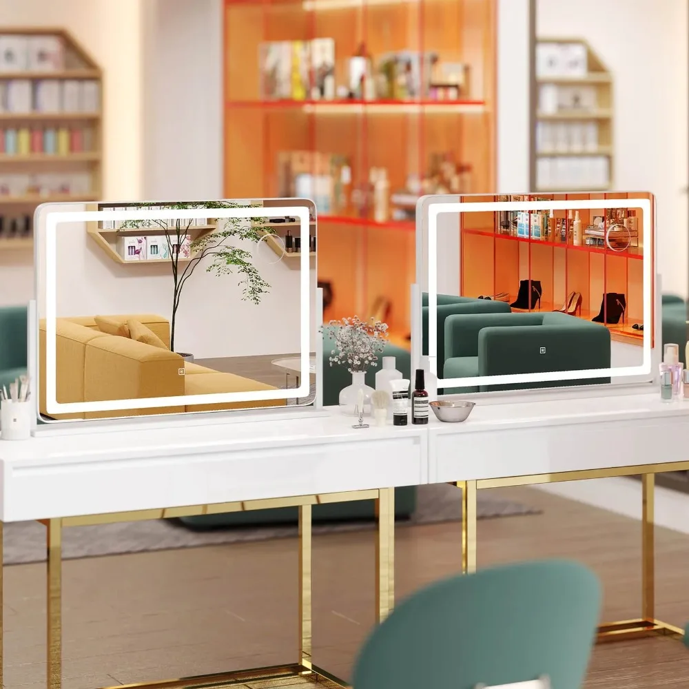 32" x 22" großer Schminkspiegel, Kosmetikspiegel mit Lichtern und 10-facher Vergrößerungsspiegel