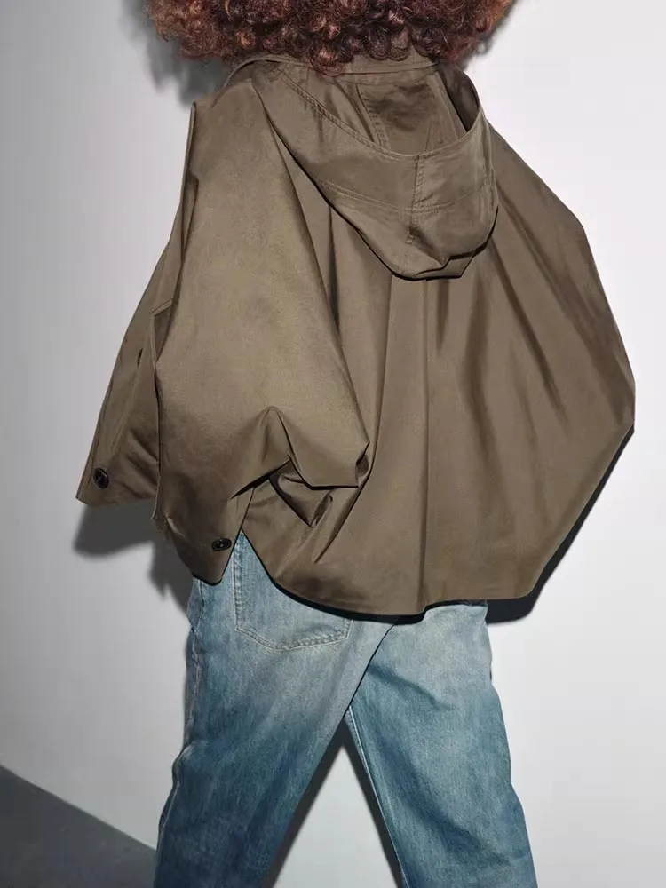 

2025 Autumn New Sle Women's ort Coat Jaet Waterproof Long Sve Lapel Bat ape Casual Loose Fit Nylon Fabric