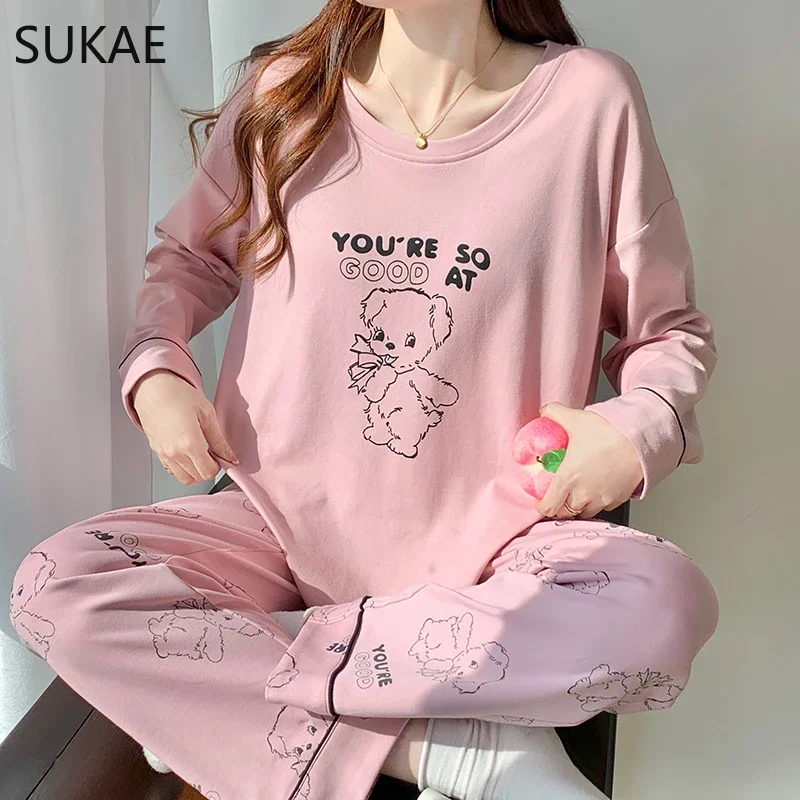 SUKAE-Conjunto de pijama con estampado de cachorro rosa para mujer, ropa de dormir Coreana de manga larga con cuello redondo, de algodón de