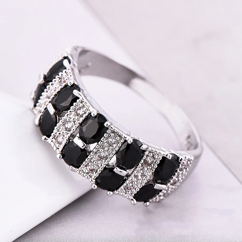 High-end Retro Elegant 925 Sterling Silver Big Rings for Women Black Stripe Crystal Zircon Silver Color Rings Girlfriend Gifts