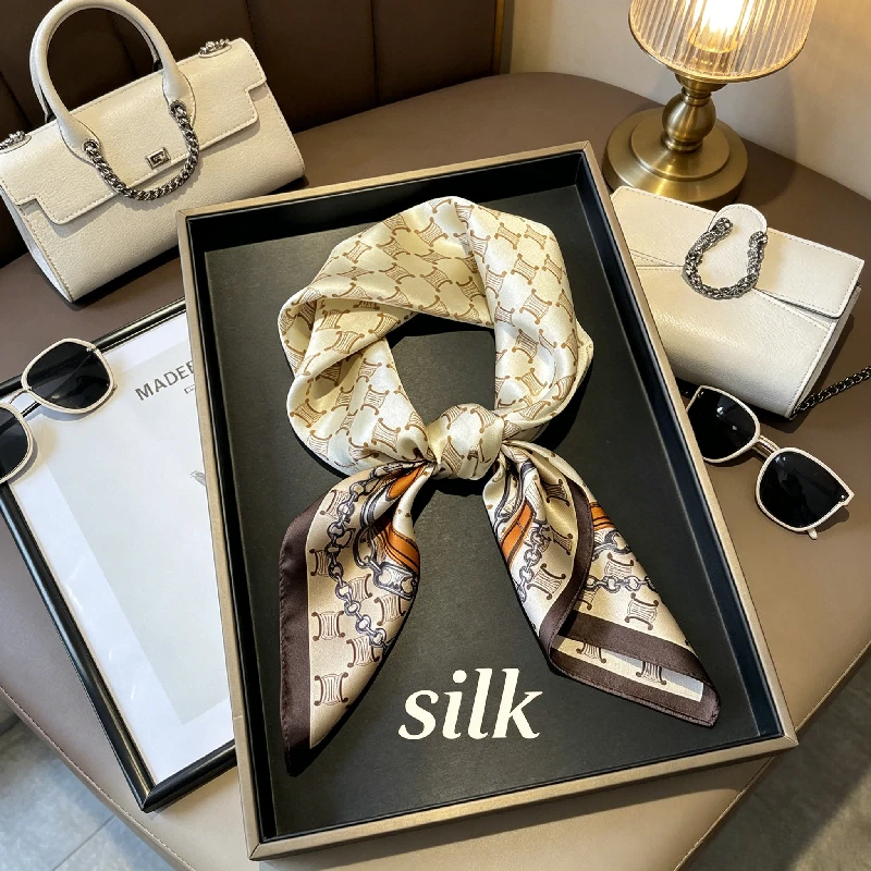 

Light Luxury Plain Crepe Satin Letter Chain Silk 70cm Square Scarf Mulberry Silk Commuter Clothing with Silk Scarf