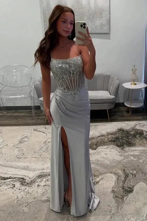 

Spaghetti Strap Satin Prom Dress with Slit Sequin Lace Appliques Mermaid Formal Evening Gowns for Women