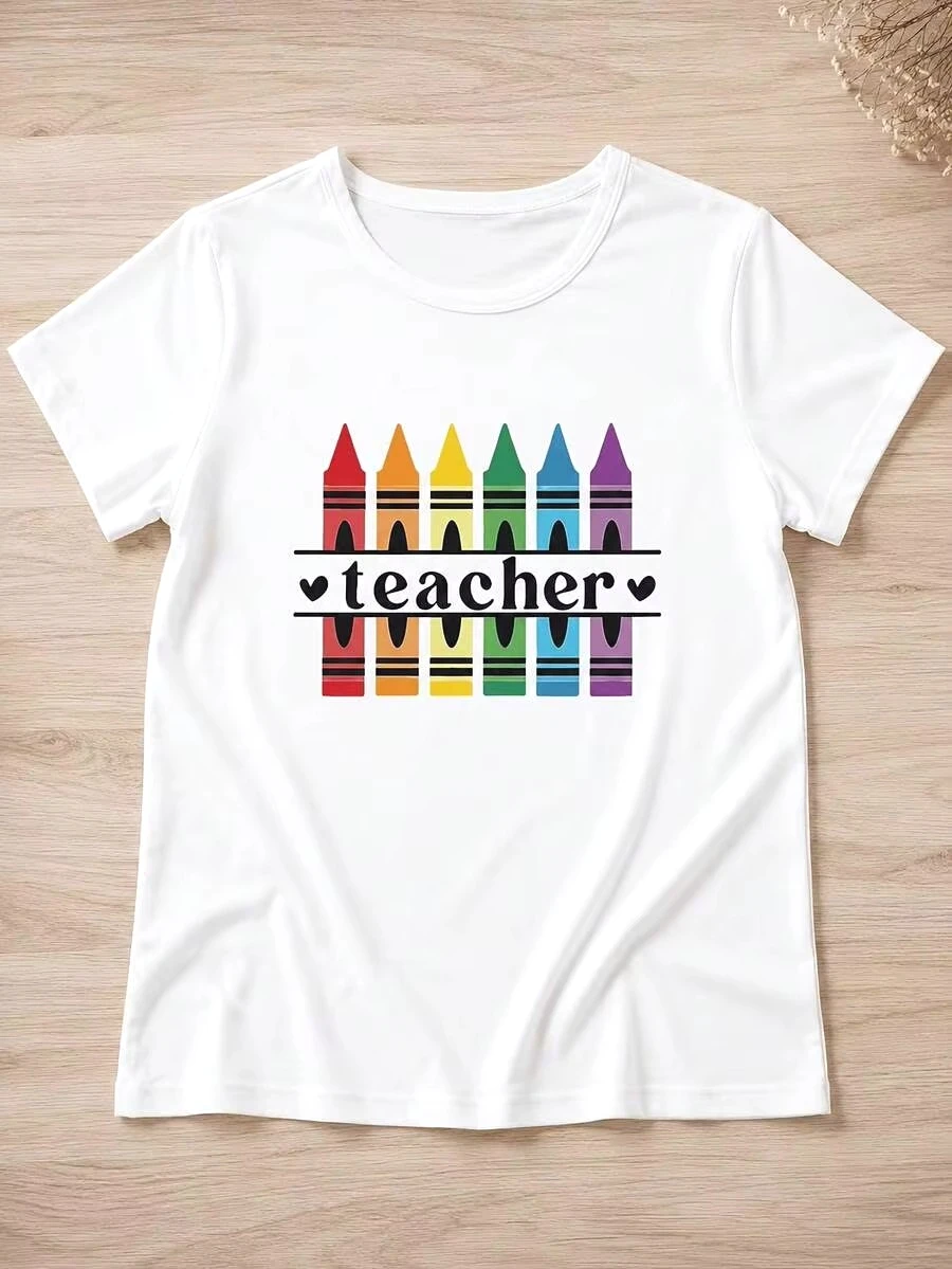 Women's Teacher Graphic Tee Colorful Crayon Design Teacher Text Print O-neck Short Sleeve Casual Top Teacher Appreciation Gift