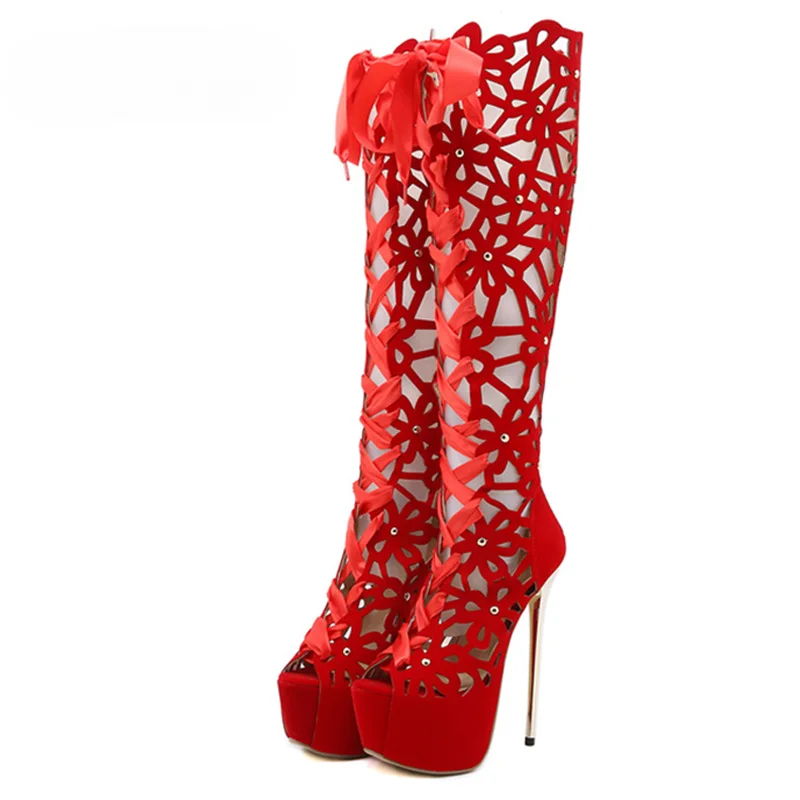 16CM Ultra Thin High Heels Sexy Nightclub Hollow Out Over The Knee Boots Women Peep Toe Lace-Up Zip Platform Shoes Sandals