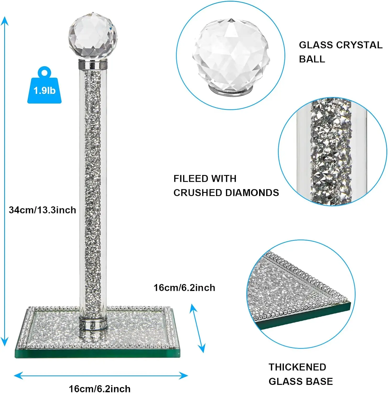 Imagem -02 - Suporte de Toalha de Papel Cristal Prata Bancada Distribuidor do Rolo de Tecido Base Quadrada Decoração de Diamante para Cozinha e Banheiro