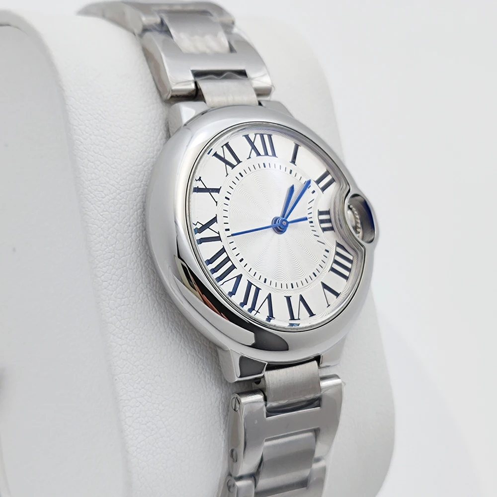 Orologio da donna da 33 mm, cassa curva convessa senza logo, quadrante romano, adatto per accessori per movimento automatico Cartier NH05 con palloncino blu