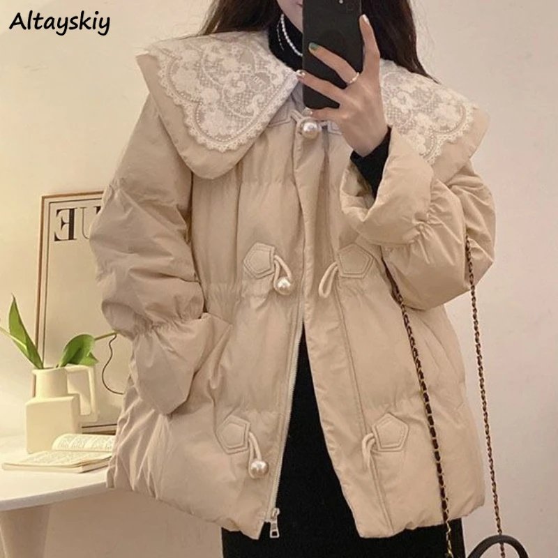 Parkas Women Straight Winter Lace Printed Pearl Zippers Loose Doll Collar Warm Soft All-match Streetwear Fashion Sweet Coats