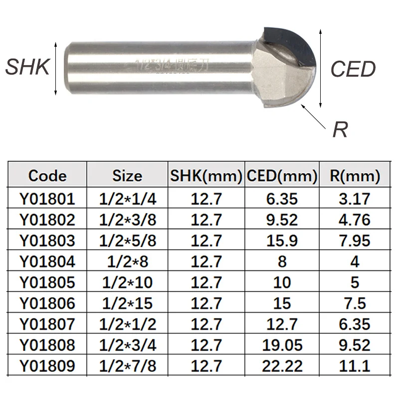 Tideway 1pcs Diamond Round Cove Box Router Bit PCD CVD Coating End Mill Milling Cutter Tools for Wood 1/2 Shank Round Nose Bits