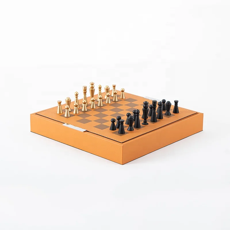 Home Decor Travel Board Game Black Gold Aluminum Chess Set With Leather Board For Home Decor & Gift