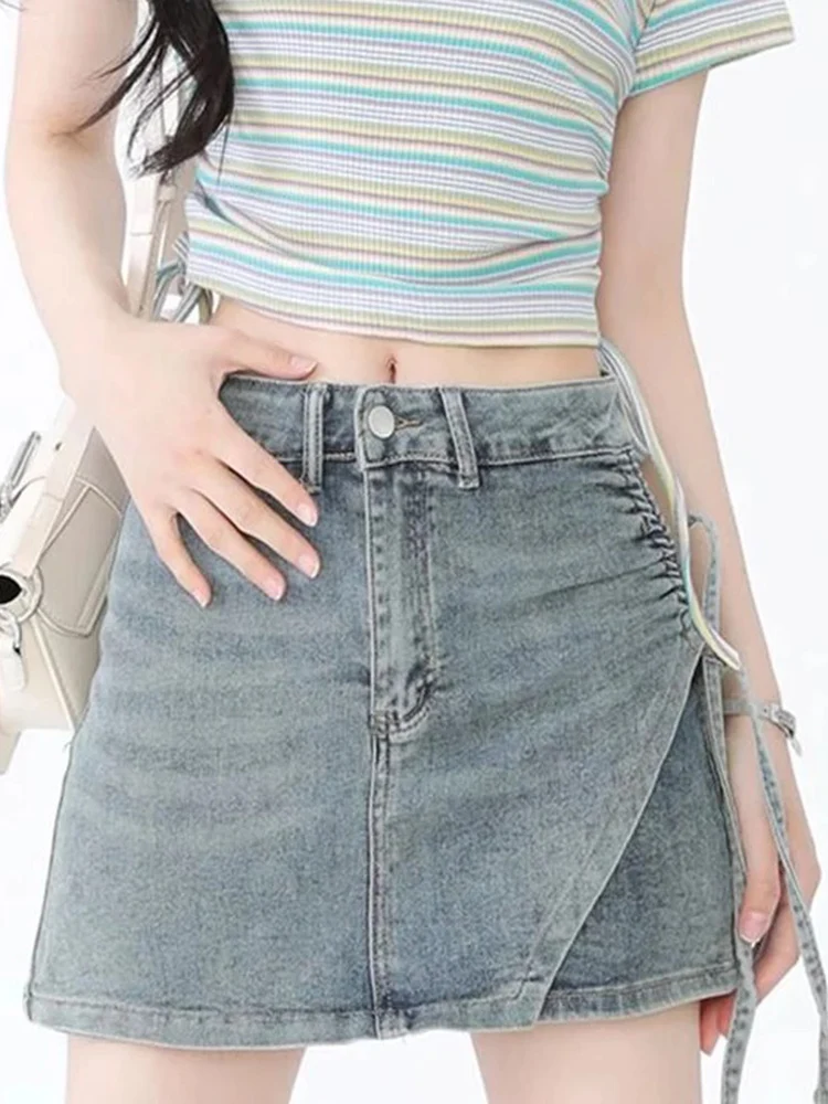 Korean Sexy Vintage Lace Up Y2K High Waist A-line Denim Skirts Summer Female Casual Streetwear Asymmetrical Slim Club Mini Skirt