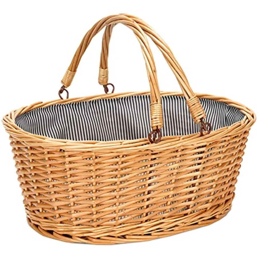 Cesta de picnic de mimbre con asas plegables dobles, cesta grande de mimbre natural, cesta vacía, barata, para guardar huevos de Pascua, dulces y vino