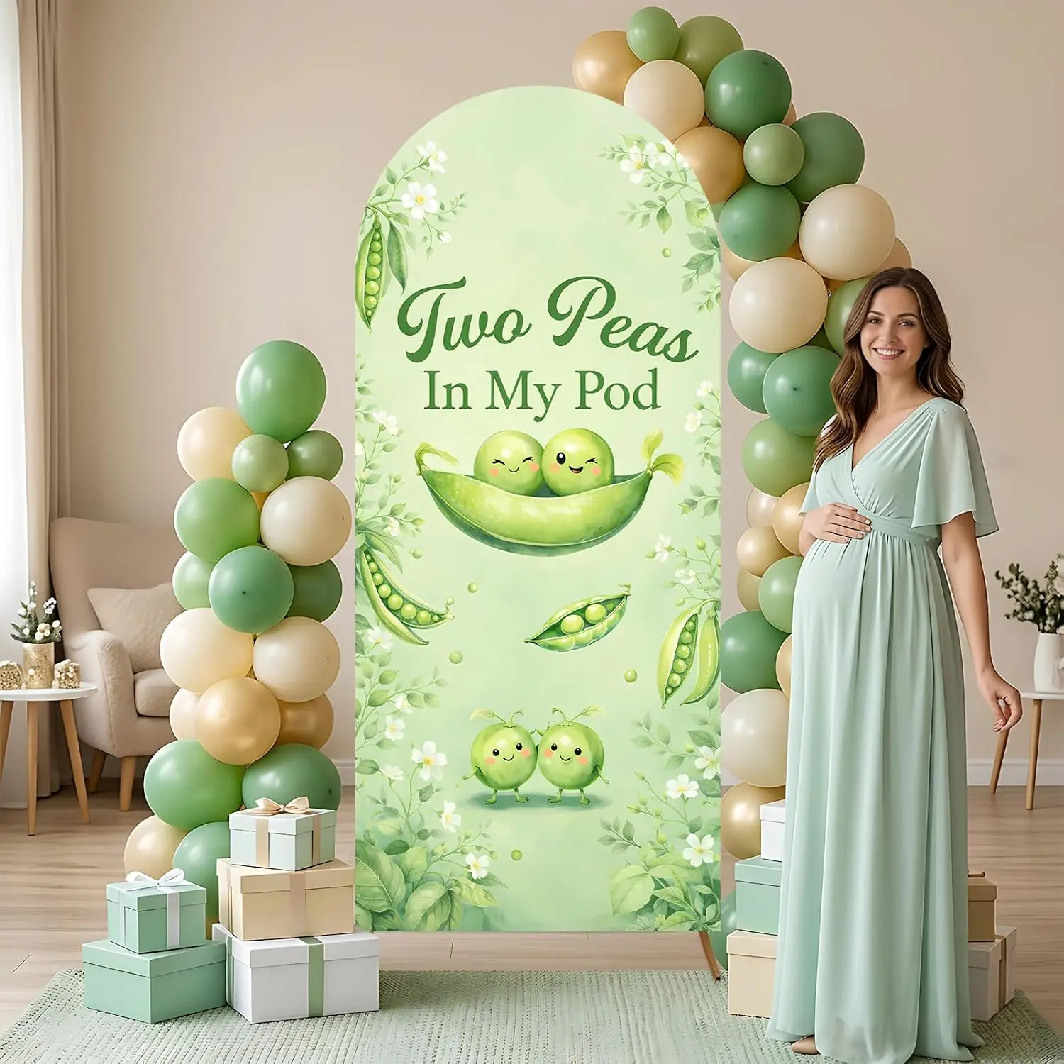 Custom 2-sided Two Peas in A Pod Arch Backdrop Cover Twins Baby Shower Background Gender Reveal Pregnancy Announcement Party