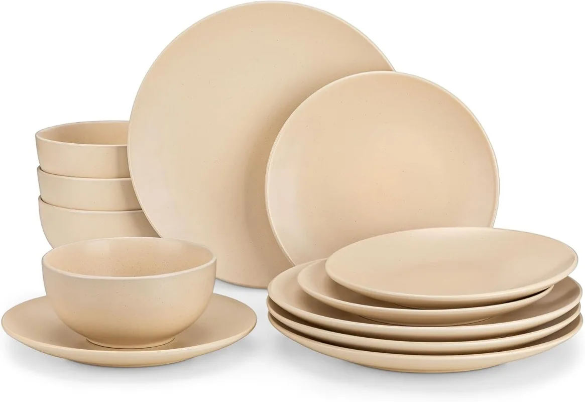 

Stoneware Dinnerware Set 12 Pieces - Ceramic Plates and Bowls Set Service for 4, Dishwasher and Microwave Safe, Beige