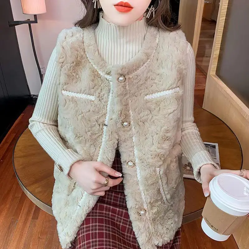 

Autumn Winter Thicken Warm Lamb Hair Vests 2023 Female Fashion Loose Casual Vests Women's Patchwork Pocket Single Breasted Vests