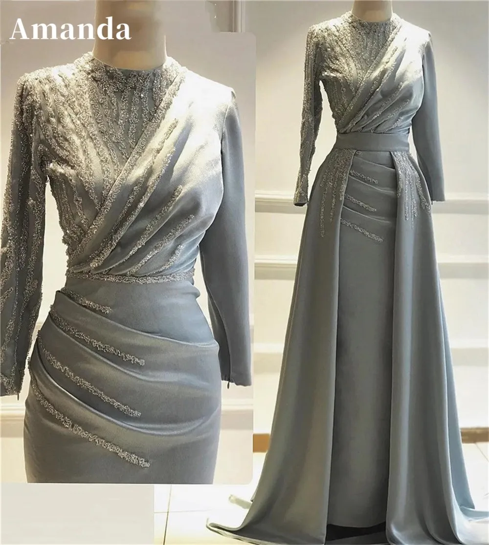 Amanda Muslim A-line gaun Prom 2024 rendah lengan panjang Satin Vestidos De Fiesta elegan dapat dilepas kereta malam Formal