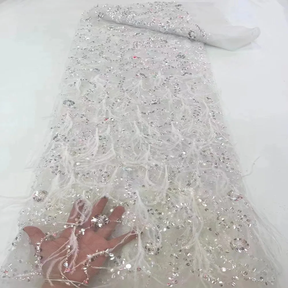 CX 5yards high-end handmade ostrich burr embroidered bead tube sequined stage clothes dinner party wedding dress, fabric
