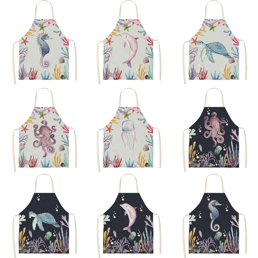 Marine Organism Apron Dolphin Jellyfish Aprons for Women Apron Kitchen Octopus Conch Cafe Apron for Men Kitchen Apron 55x68cm