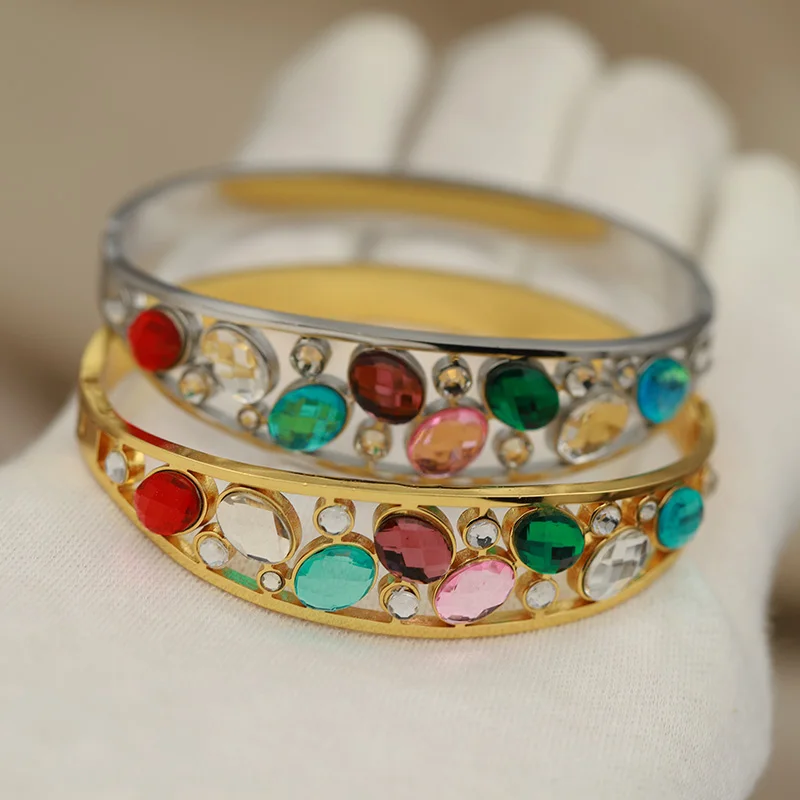 316L Classic Stainless Steel Multicolor Crystal Waterdrop Bracelet for Women Hollow Bangles Rust-proof Bangle Wrist Jewelry
