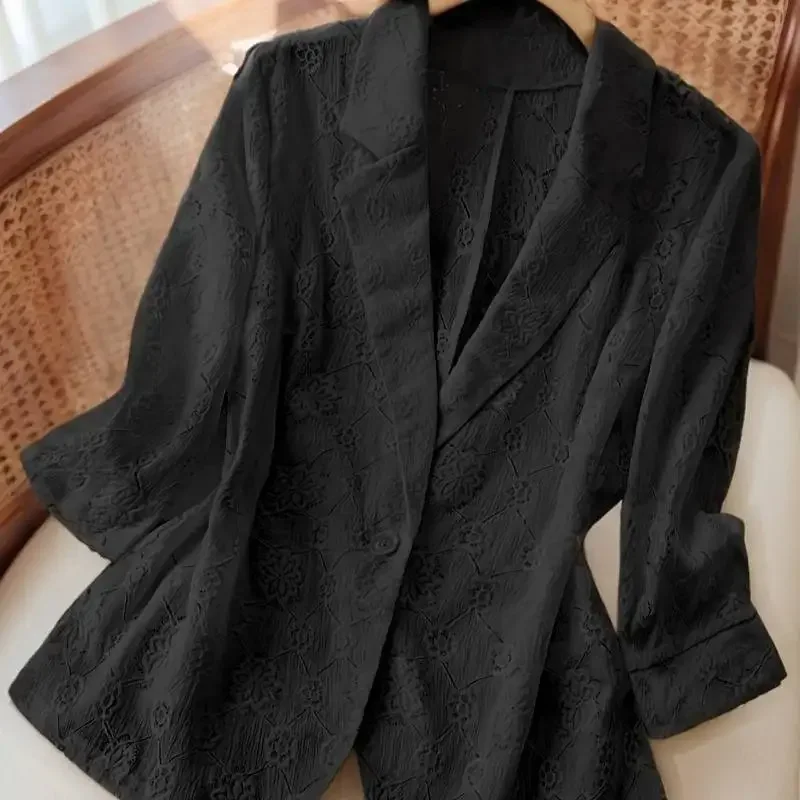 

Women's Solid-Color Crocheted Cutout & Jacquard Design Shirt Long-Sleeve Blazer Collar Top Fashionable New Arrival