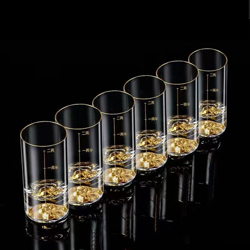 6pcs Set 3.4oz 100ml Classic Brandy Glasses Thick Bottomed Golden Mountain Glass Transparent Liquor Cup with Golden Scale Line