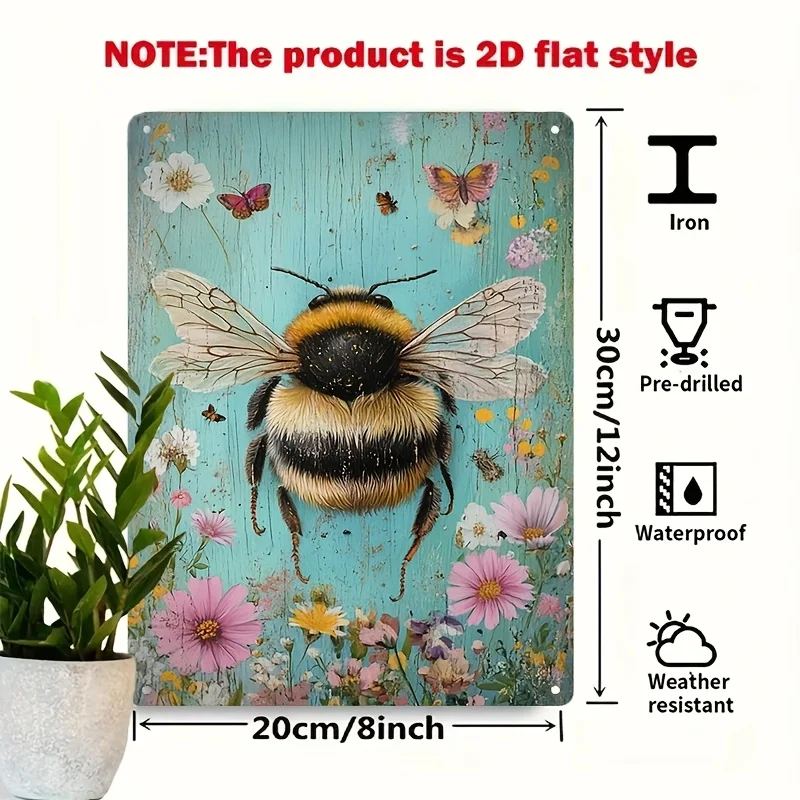 1pc 2D Flat Printing  Iron PlateCharming Bumblebee on Floral Background ArtIron Sign, Waterproof and Dustproof Wall Decor
