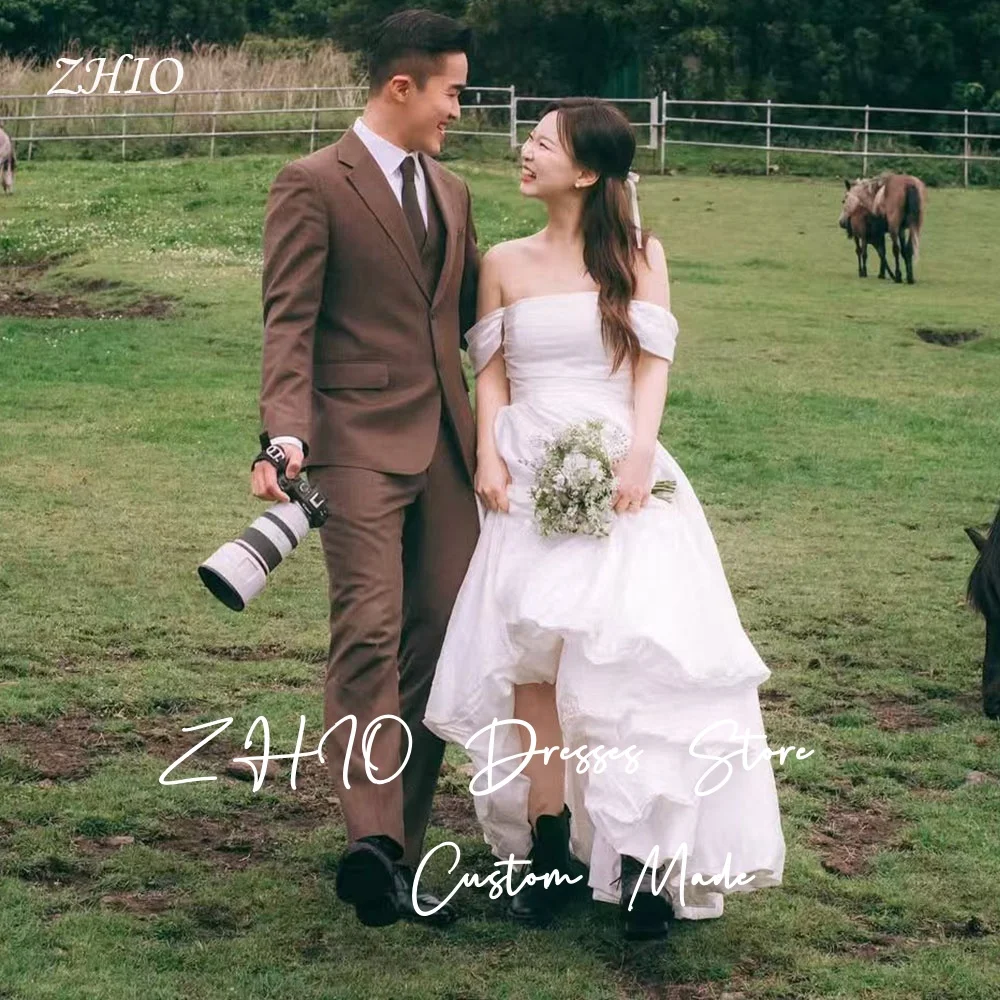 ZHIO Modernes Falten-Hochzeitskleid, schulterfrei, A-Linie, Elfenbein, Seide, Taft, Korea, Fotoshooting, Braut-Empfangskleid, individuell gestaltet