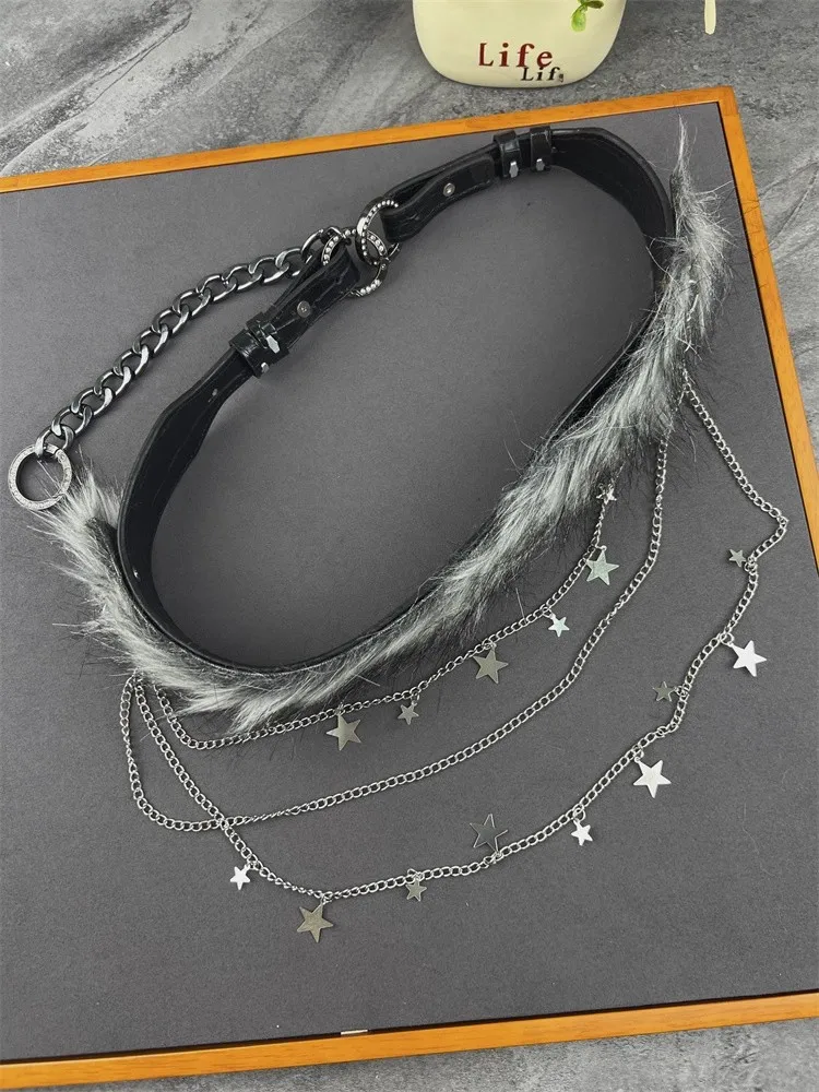 เข็มขัดแฟชั่นผู้หญิง หนัง PU ขนเทียม สายโซ่โลหะ คอร์เซ็ท สายคาดเอวสำหรับผู้หญิง ใช้ตกแต่งเสื้อโค้ท ชุดเดรส เข็มขัดกว้าง รุ่น J1623