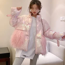 Chaqueta de algodón de plumón plateado para mujer, Parka larga y cálida de gran tamaño con cuello de piel grande dorado 2024, Parka gruesa y brillante, rosa y azul, Invierno
