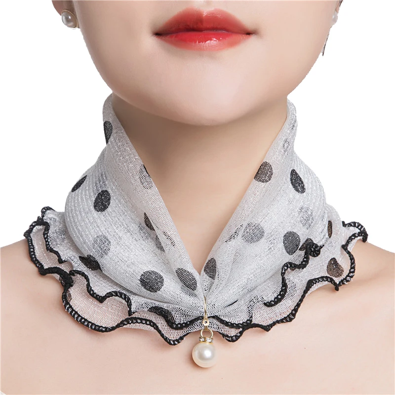 2023 New Fashion Neck Collar Print Shiny Variety Loop Scarf Ruffle Lace Scarf Beautiful Pearl Pendant Organza Chiffon Scarves