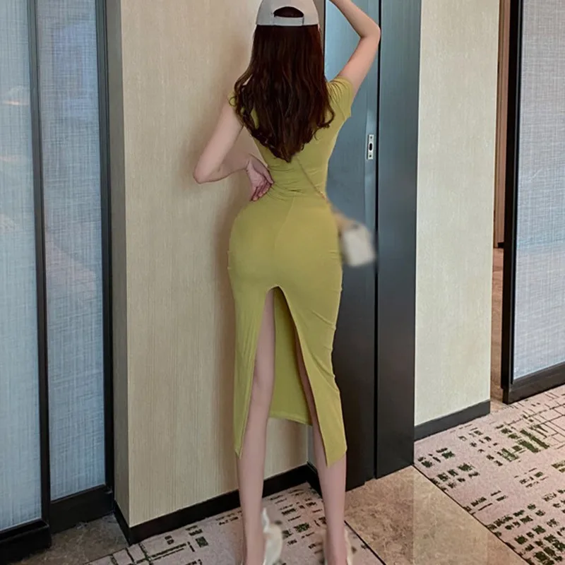 Sexy Side Slit Dress for Women Tight-fitting Wrap Hip Over-the-knee Short Sleeved Street Bodycon Dresses