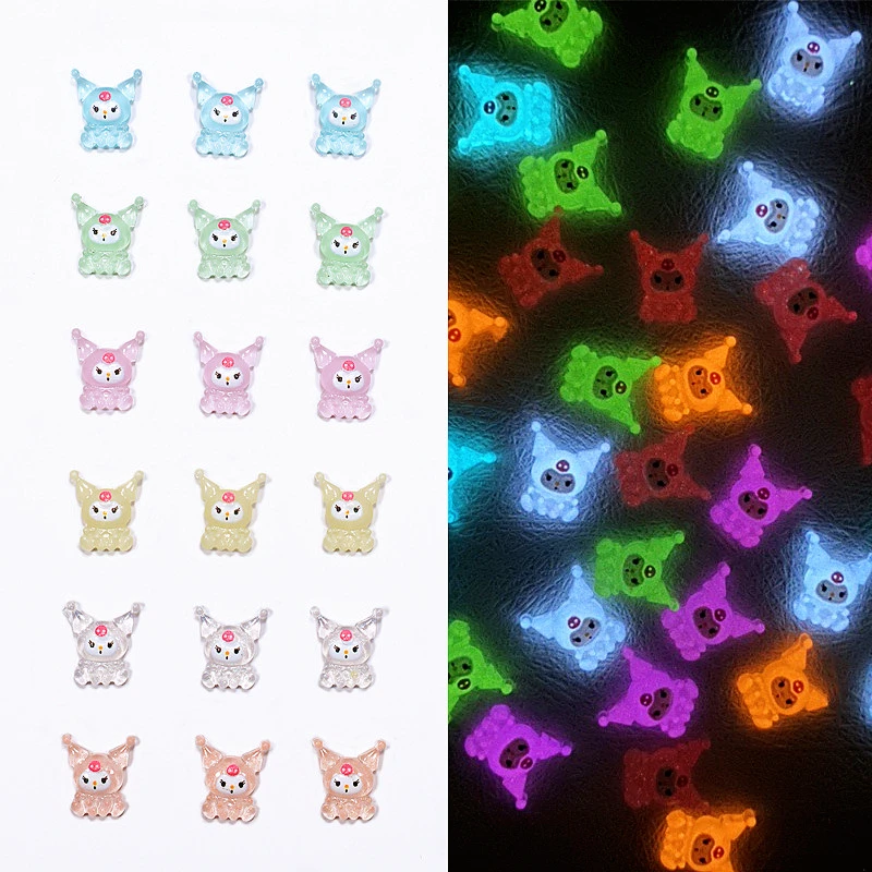 20Pcs Diy Kuromi Luminous 3D Doll Manicure Jewelry Accessories Kawaii Cartoon Translucent Fluorescent Nail Patch Art Decor Toys