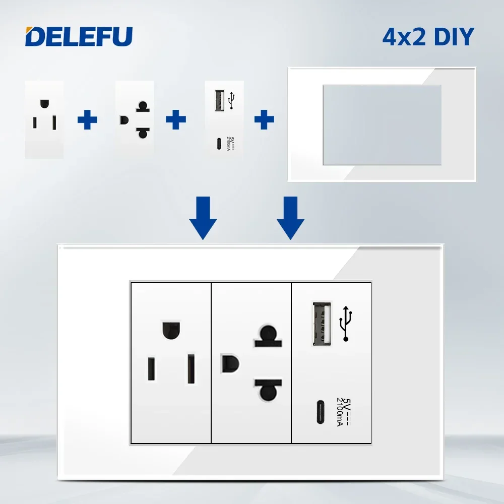 DELEFU American Thai Free Combination USB Type C Wall Socket DIY White