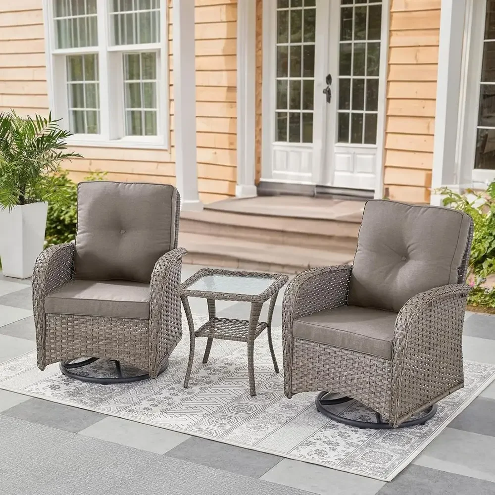

3-Piece Outdoor Swivel Wicker Rocker Set with Side Table and Water-Resistant Grey Cushions