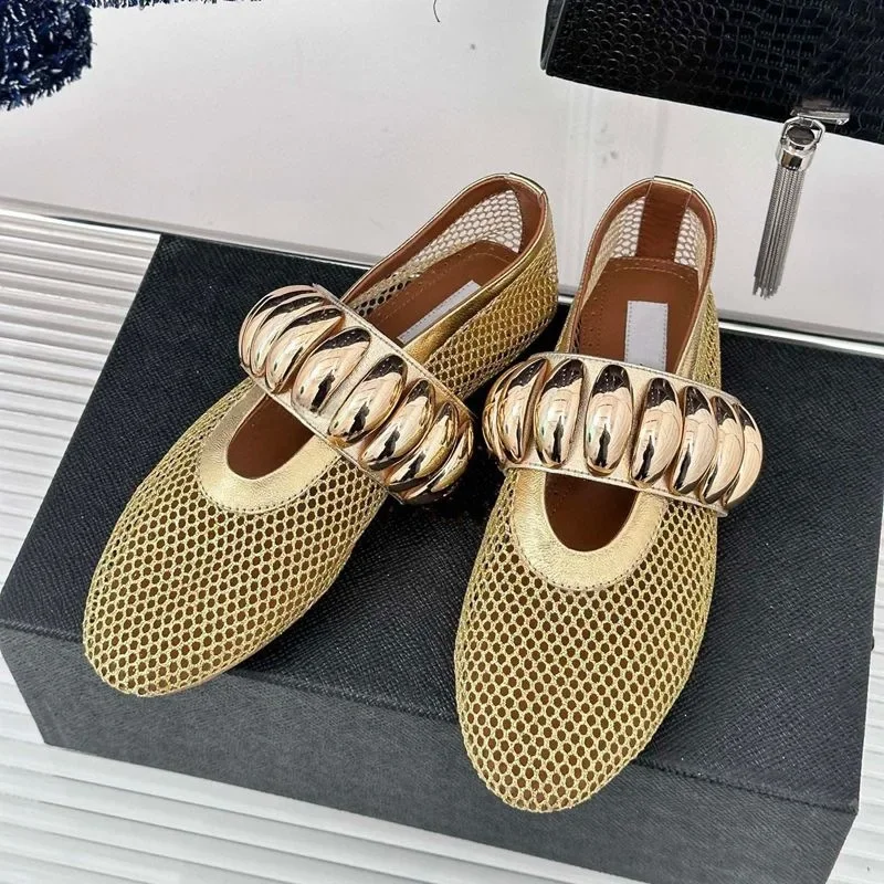 Zapatos planos de mujer, mocasines de malla con decoración de Metal, zapatos planos para mujer, mulas de Ballet poco profundas, zapatos Mary Jane de suela blanda para mujer